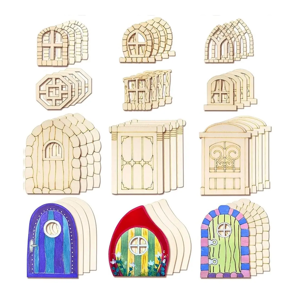 A50U 48 Pcs Fairy Door & Window Craft Kit - Wooden Garden Doors, Unpainted Miniature Accessories for Home Party Event Decor