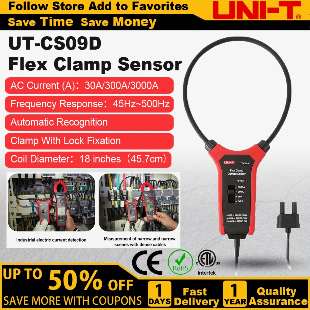 UNI-T-AC Corrente Flexível Clamp Meter, Medidor de Freqüência, Sensor Flex, UT206B, UT208B, UT-CS09D, 3000A