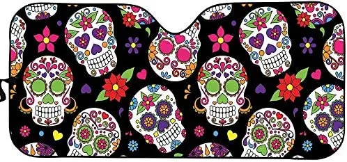 

FKELYI Windshield Sunshade Sugar Skull Printed Folding Sun Shade for Car Durable Double Bubble Foil Sun UV Protector