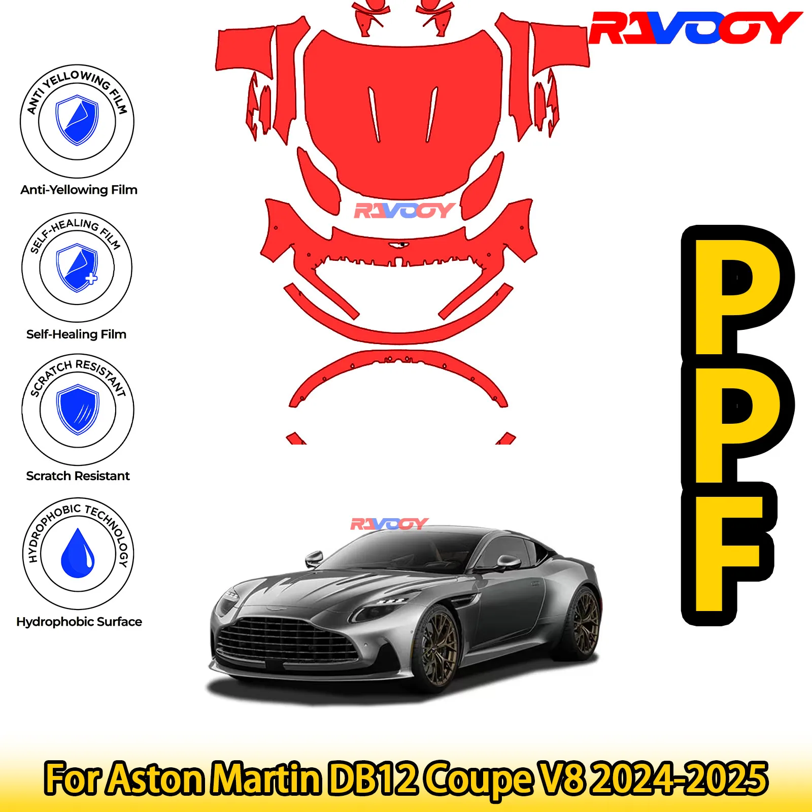 

For Aston Martin DB12 Coupe V8 2024-2025 Glossy Matte Black Precut front PPF Kit Paint Protection Film