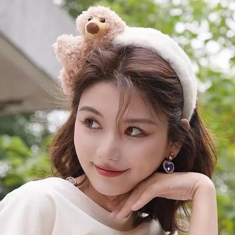 

652F Широкие повязки на голову для девочек, головные уборы с милым медведем, широкие ленты для волос, аксессуары, весенние ленты