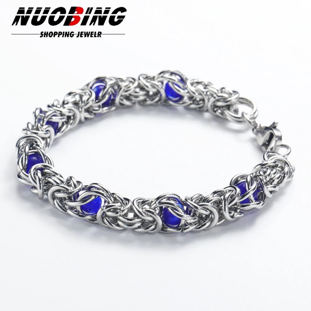10mm Men Stainless Steel Fantasy Blue Crystal Beads Lucky Bracelet Crystal Pulseras Bracelet Fine Jewelry Gift ﻿