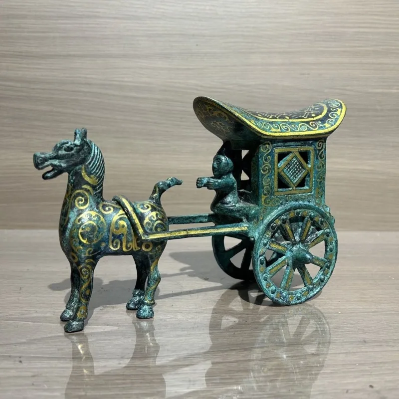 Antique Chinese Horse and Chariot Statue Exquisite Gold-Inlaid War Chariot Sculpture Collectible Home Decor Ornament