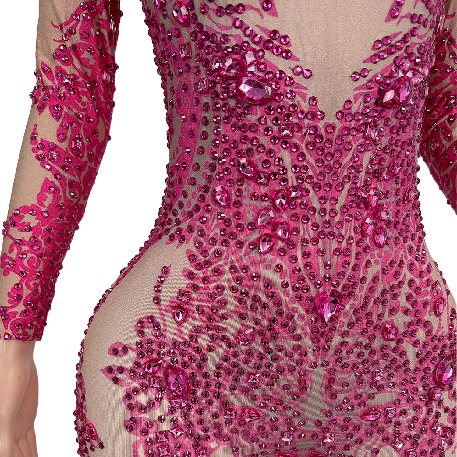 Sexy Glitter Diamante Elastico Rosa Tuta Costume da spettacolo di danza femminile Discoteca Pagliaccetti di scena Vestito da discoteca Xiaotaohong