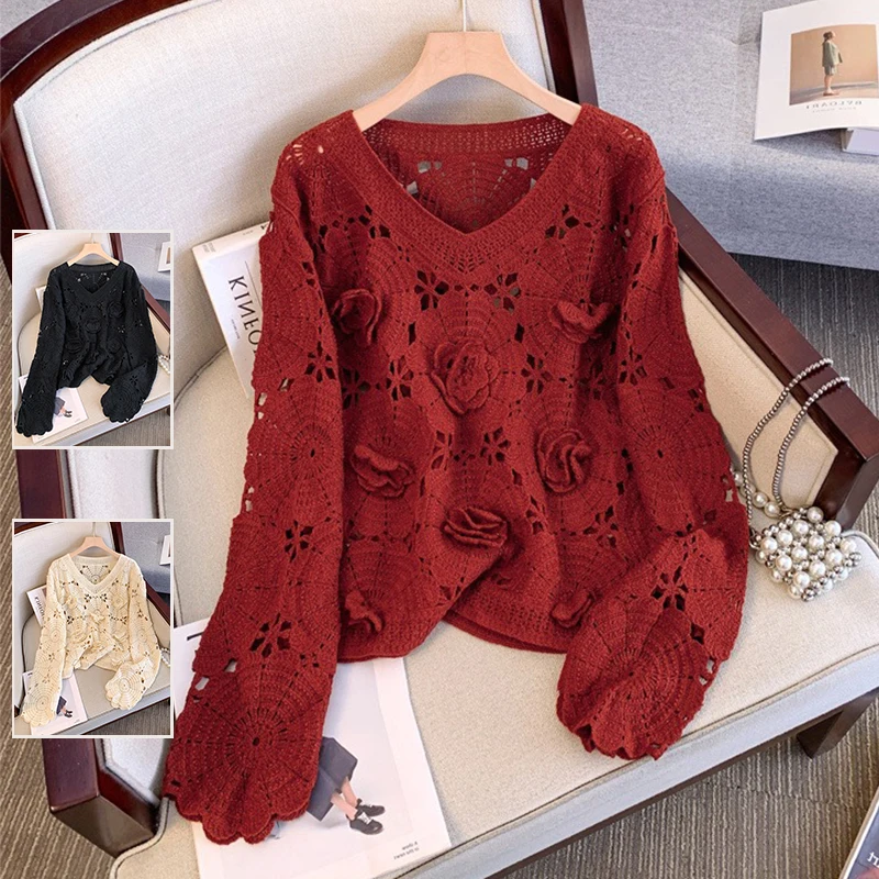 เสื้อถักไหมพรมทรงตรงสำหรับผู้หญิงไซส์ใหญ่ สไตล์ลำลอง ใส่ได้ทั้งเป็นเสื้อตัวในและตัวนอก  แบบเว้าลายฉลุ  คอวี แขนยาว  สำหรับฤดูใบไม้ผลิและฤดูใบไม้ร่วง