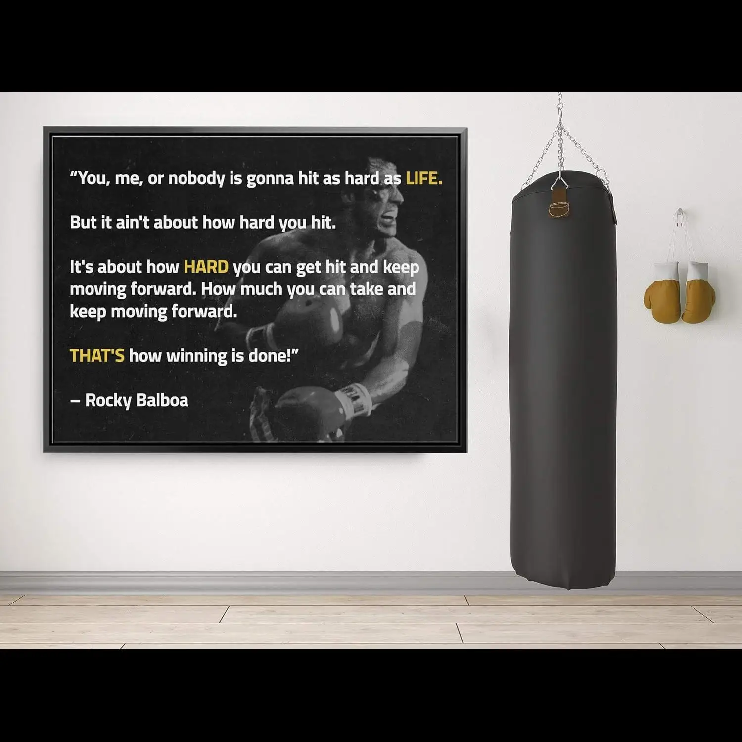 Rocky Balboa Motivational Quote Canvas Print  Ready to Hang Wall Art  Sylvester Stallone Boxing Design  xin Modern Black Frame