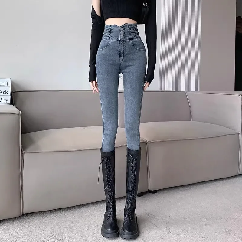 

Джинсы с высокой талией и небольшими ногами, новые осенние и зимние брюки, плотные эластичные утолщенные тонкие утягивающие брюки-карандаш