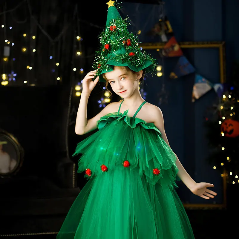 Árvore de Natal Cosplay Dress com Luz, Bonito Elfo Verde Performance Trajes para Crianças, Dance Party Show, Vestidos Fancy Girls