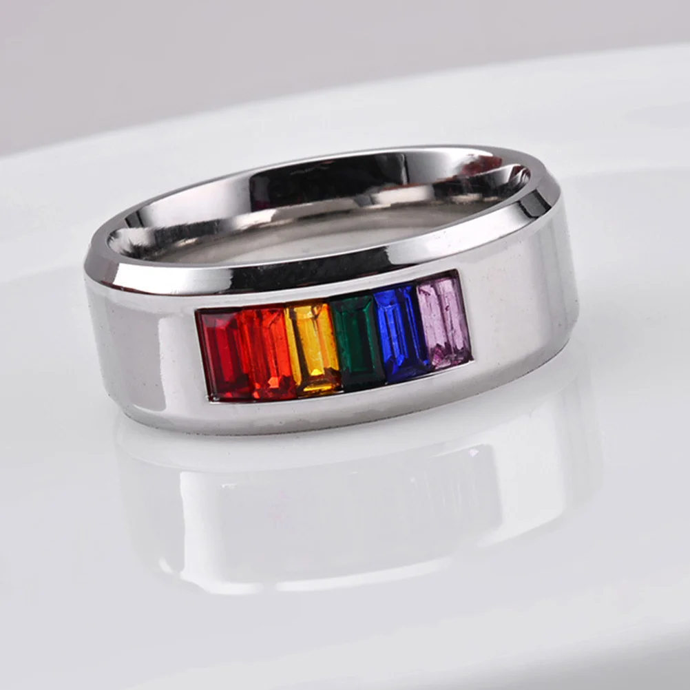 

1Pcs Fashion Rainbow Ring Titanium Steel Colorful Stone Inlaid Anti Tarnish Shine Long Term Wear Gay Pride Finger Accessory