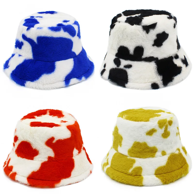 Winter Hat Buckets Woman Cow Faux Fur Fluffy Warm Hats Fishman Bucket Hat Panama Hiphop Fishing Thicken Plush Wool Panama Caps