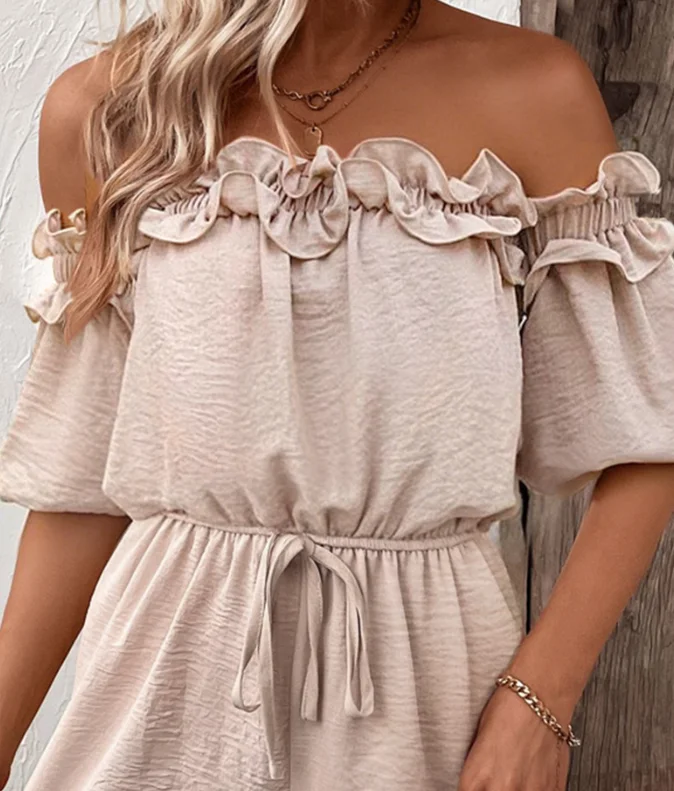 Sexy Jumpsuit Woman Elegant One Neck Short Sleeved Pleated Lace Up Detail Jumpsuit Women Elegant Solid Color Pleated Jumpsuit