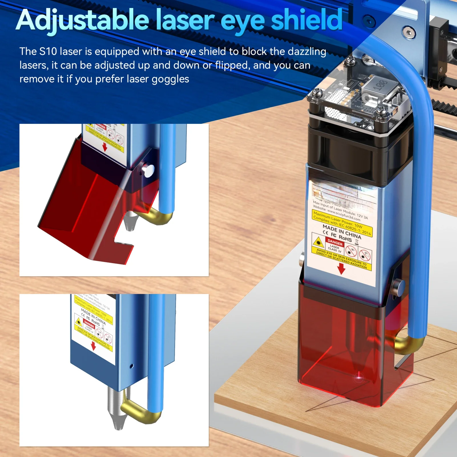 SCULPFUN S10 10W Engraving Laser Module Laser Beam with Air Assist for Laser Engraver S9/S6/ATOMSTACK A5/A5Pro ORTUR 12V Version