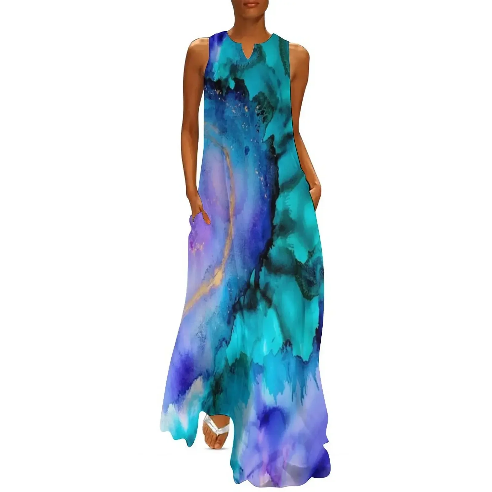 

Purple, Blue and Gold Agate stone, Acrylic paint splash Long Dress Women's summer long dress summer dress women 2025
