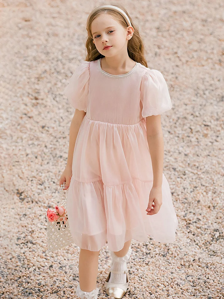 Baby Girls Summer Dresses Short Sleeve Pink Pearl Decro Wedding Flower Girl Wear Birthday Party Princess Clothing 3T 14yrs Kids