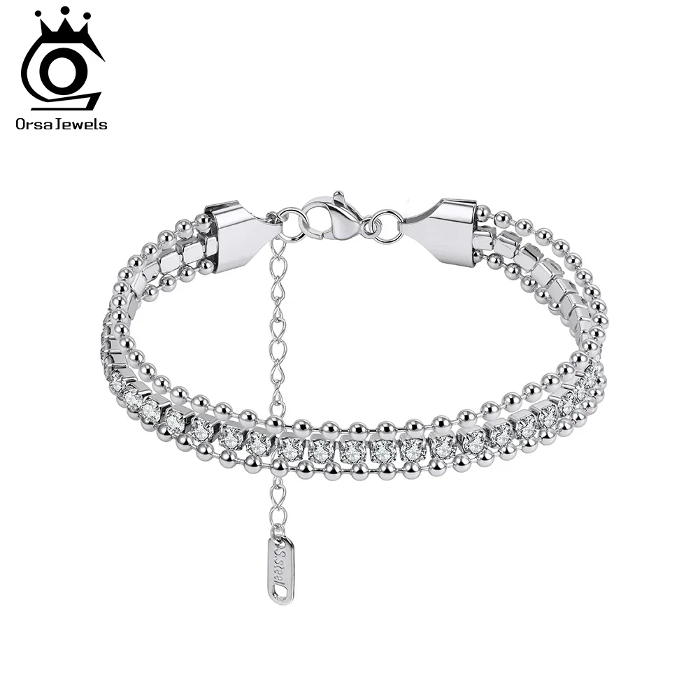 

ORSA JEWELS Stainless Steel Romantic Shiny CZ Beaded Bracelet for Women Dainty Cubic Zirconia Wrist Chain Jewelry Gift STKB06