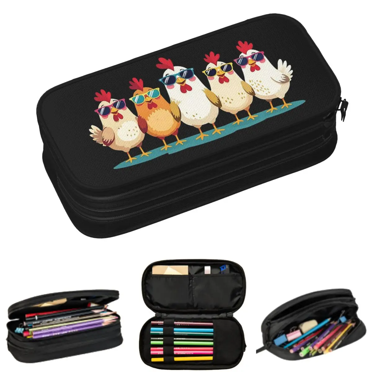 

Милые пеналы с изображением петуха и курицы в солнцезащитных очках для школьников, школьный пенал, сумка для карандашей, пенал большой вместимости