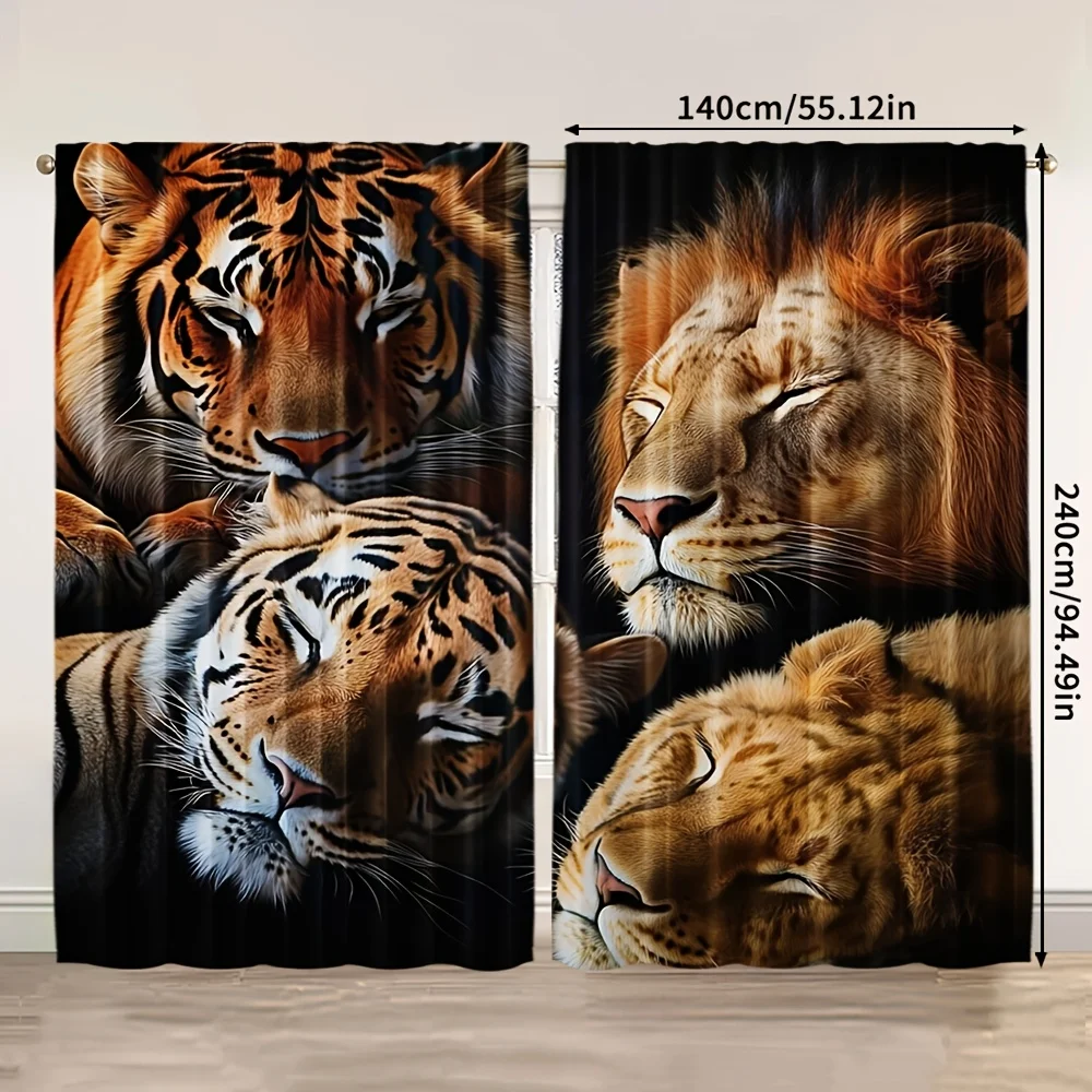 Wild Lion and Tiger Portrait Blackout Curtain Wild Animal Print Thermal Insulated Window Drapes for Living Bedroom Home Decor