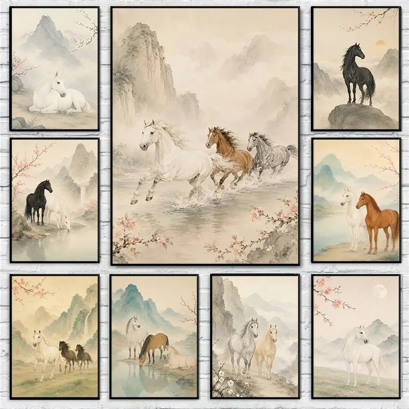 1PC Horses Running Through Misty Mountains Poster Japan Traditional Nature Animal Horse Canvas Painting Wall Art for Room Hom