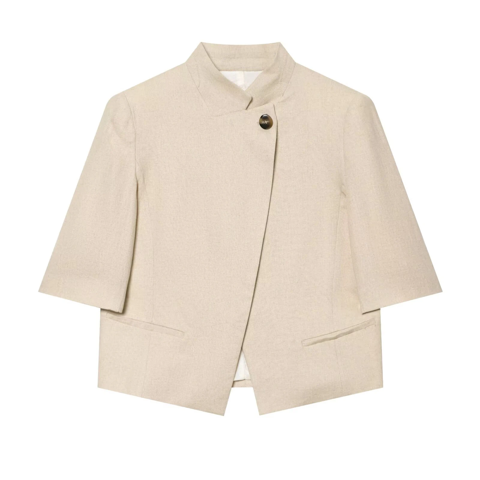 

2026 Summer New Arrival Women's Simple Casual Notch Lapel Linen Blend Short Sleeve Blazer Short Jacket