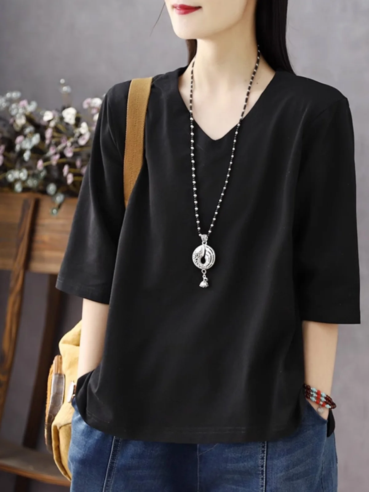 Loose Fit Pure Cotton V-Ne Seven-Quarter Sve Women's T-irt Casual Commute Sle Korean Faion Autumn Base irt