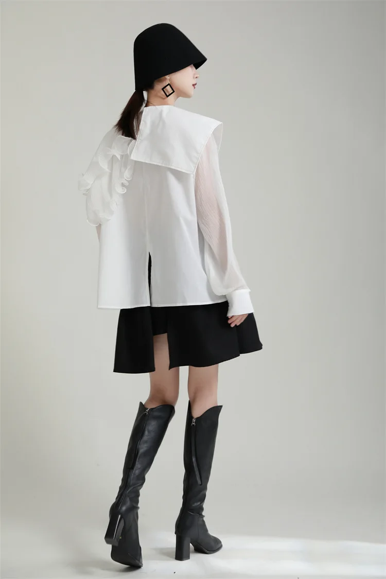 2024 spring new lapel ruffled roll ruffled edge irregular stitching loose short sleeve shirt with belt top