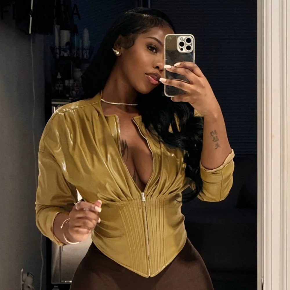 

FLARORA Trendy Pu Leather Crop Jackets Woman Solid Color O Neck Full Sleeve Zip Slim Tops Fashion Female Waist-cinching Outwear