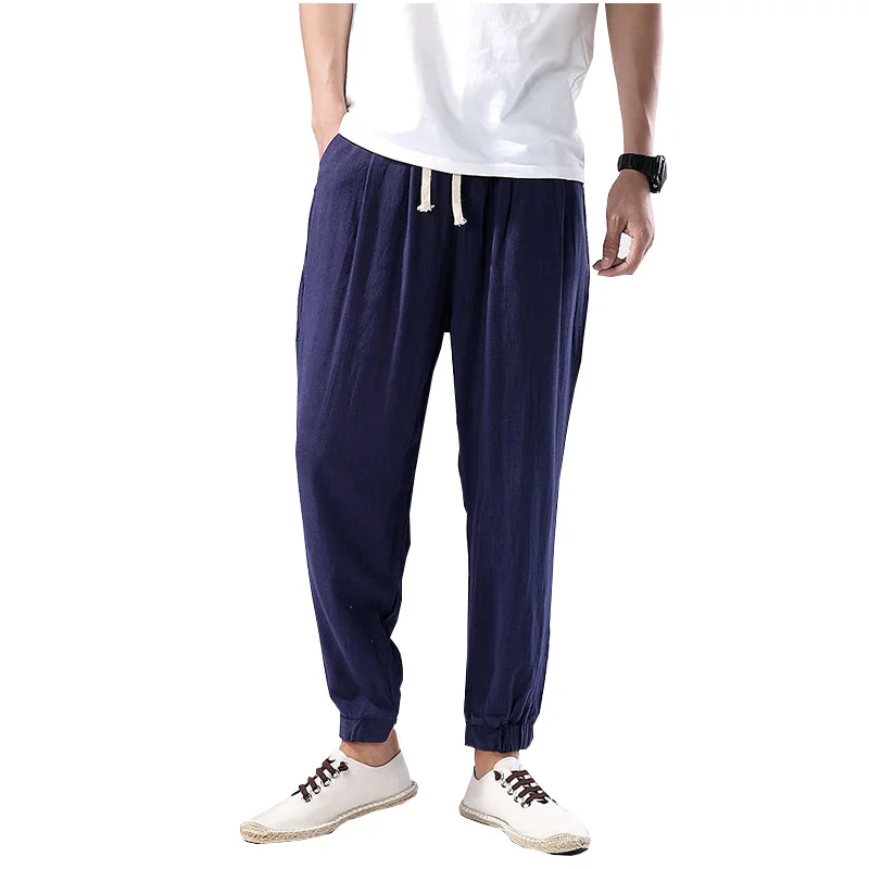 Pantalon de survêtement en lin décontracté pour hommes, vêtements surdimensionnés, joggeurs de sport, style chinois, grande taille, mince, été, 2022