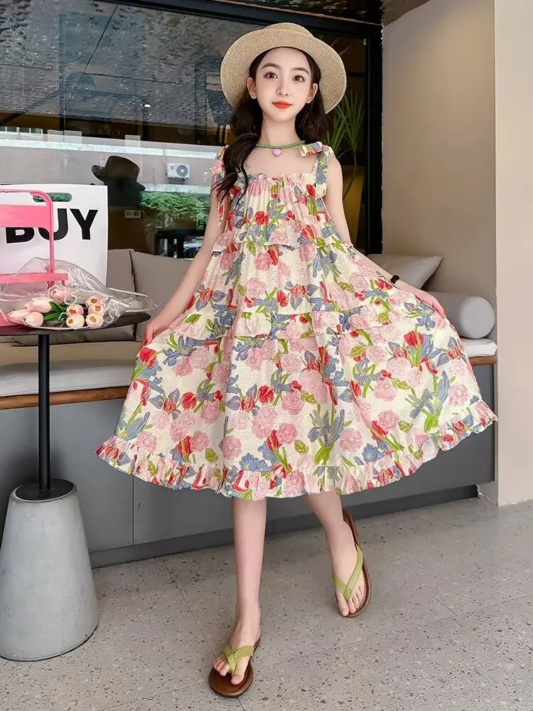 

Girls' Dress Summer New Fashionable Children's Vacation Fragmented Flower Beach Skirt Girls' Summer Dress Sling Dress