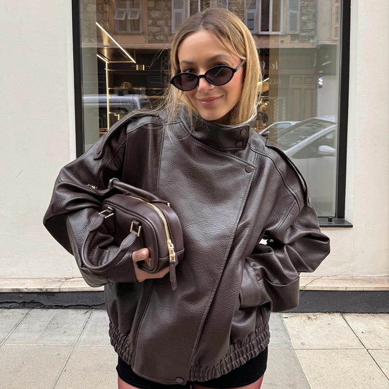 Women's Jacket 2025 New Fashion Autumn Black Long Sleeve Pebble Faux Leather Jacket Motorcycle Style Personality Ladies Jacket