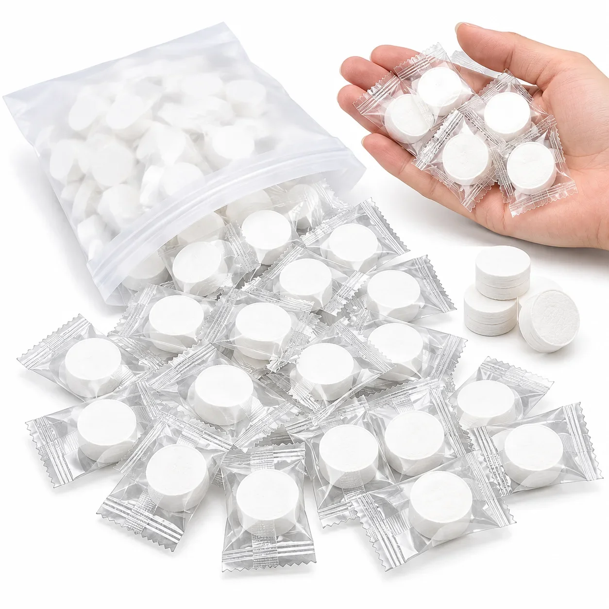 50/100PCS Disposable Compressed Towels Individually Wrapped Travel Towels Portable Coin Towel Tablets for Camping Hiking Hotel