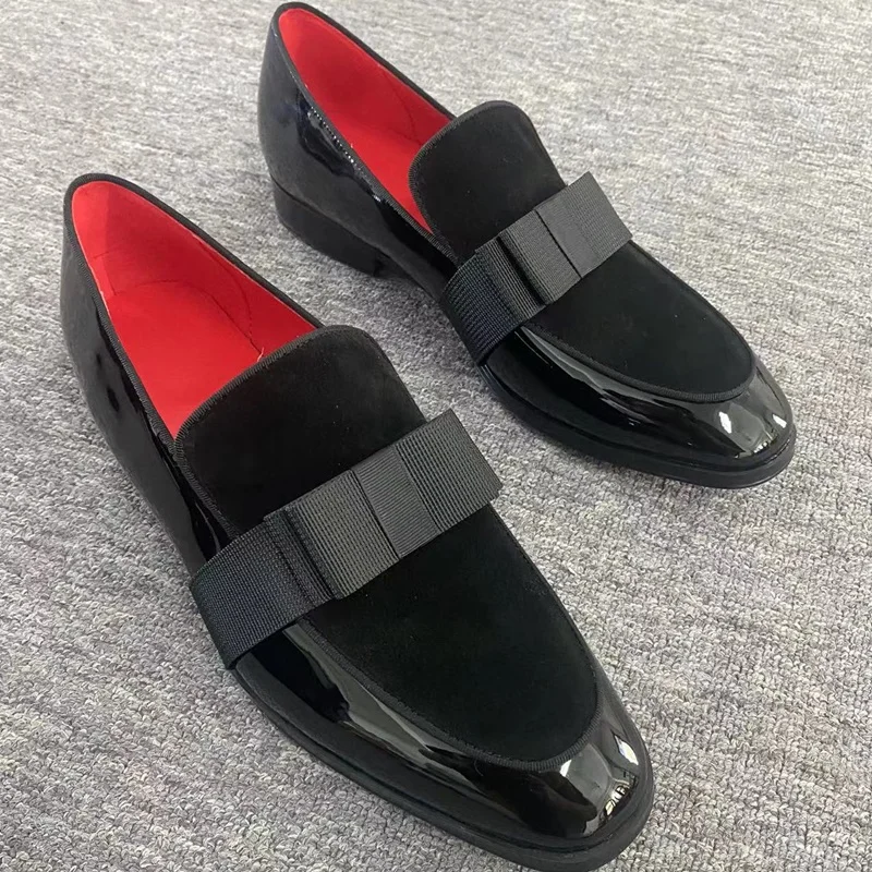 New Fashion Luxury Patchwork Mens Loafers With Bow Black Patent Leather Shoes Men Dress Shoes Flats Party And Wedding Shoes