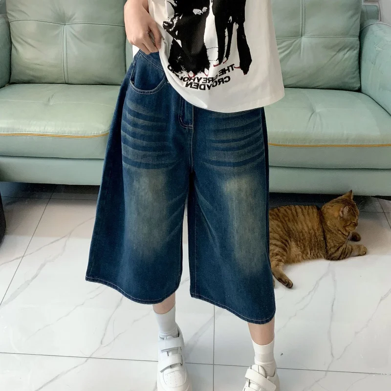 American Retro Washed Blue Cropped Jeans for Women in Summer Pear Shaped Figure Slimming Mid Length Pants and Low Waisted Jeans