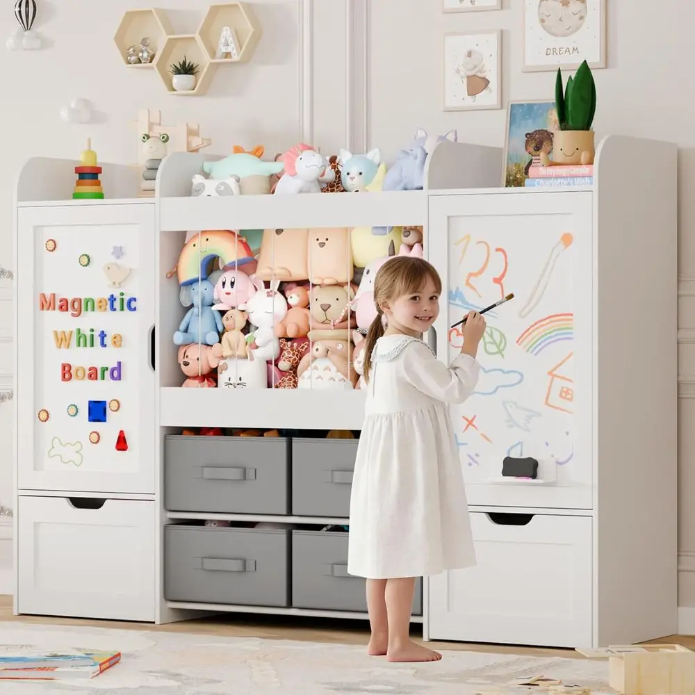 

White 61 Wide Toy Storage Organizer with Animal Storage, 2 Rolling Boxes, 4 Bins, 2 Magnetic Boards for Kids' Room