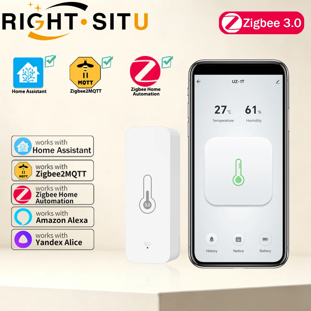 Zigbee3.0 Temperature and Humidity Sensor Highly Accurate Thermometer APP Remote Alarm Works with Home Assistant Zigbee2MQTT