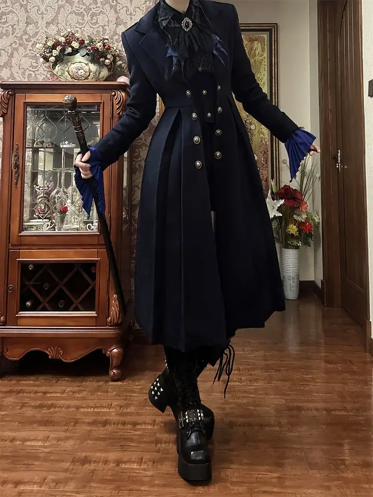 Trench noir pour femme, veste taille fine, Double boutonnage, Punk Y2k, Harajuku, manteau Lolita Vintage, automne hiver 2026