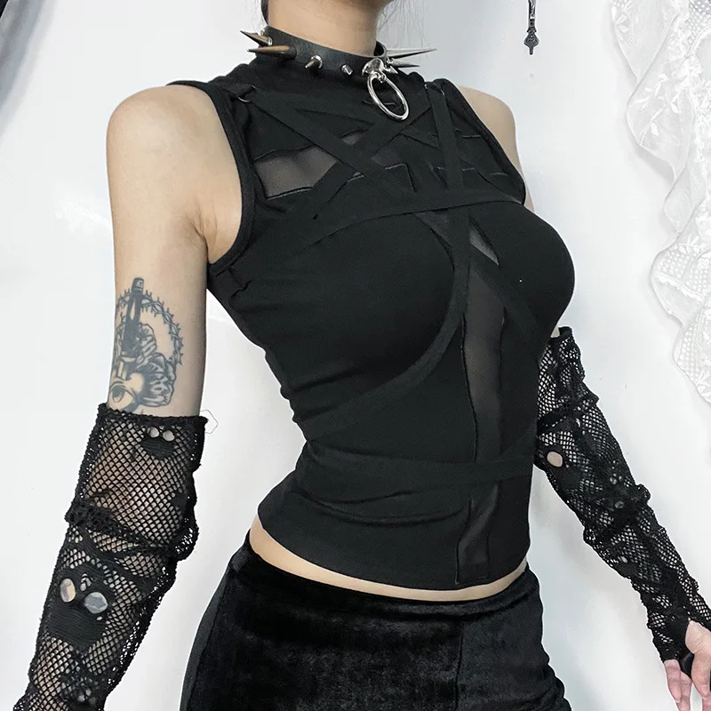 Mall Goth Sleeveless Bandage Vest Crop Top Women Vintage Harajuku Punk Aesthetic Streetwear Tank Top Trendy Camisole