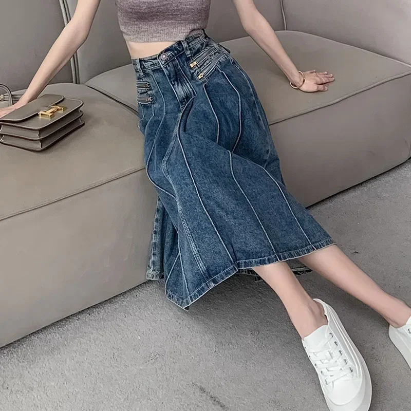 Elegante denim saia plissada senhoras mulheres cintura alta harajuku estilo coreano a linha saia longa para a menina da escola casual faldas