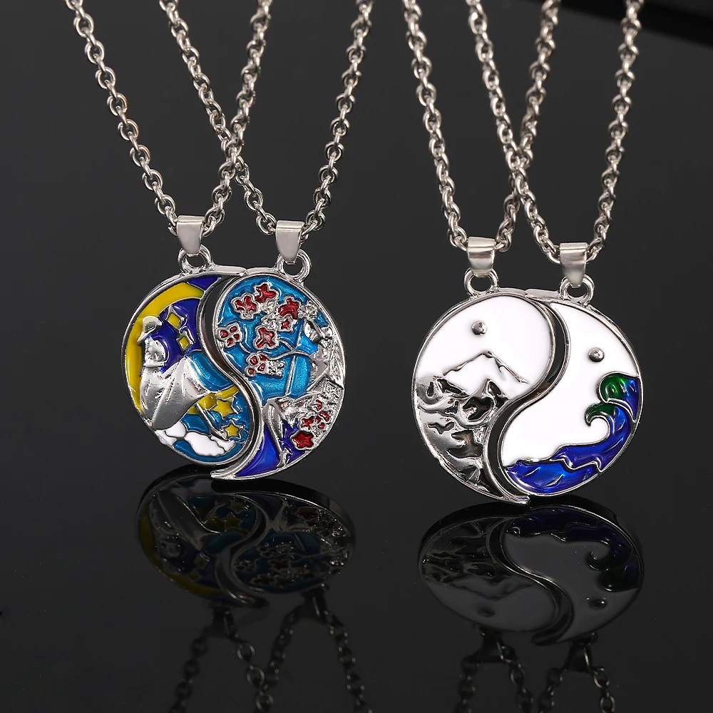2Pcs/Set CoupleYinyang Tiaji Bagua BFF Necklace Sea and Land Sun And Moon Design Eight Diagrams Pendant For Valentine's Day