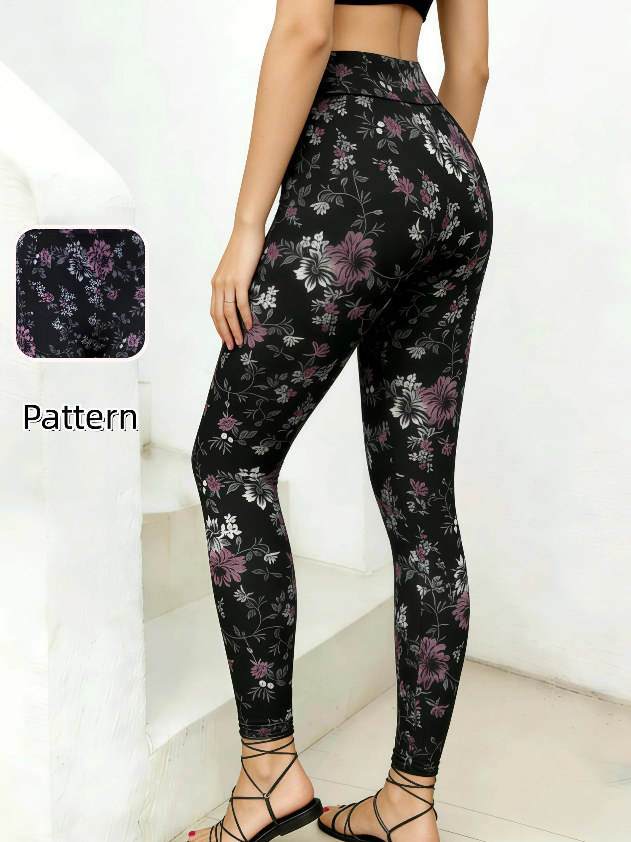 Women's Purple Tone Floral Print Cropped Pants High Waist Stretchy Slim Fit Outdoor Yoga Pants For Outings And Parties