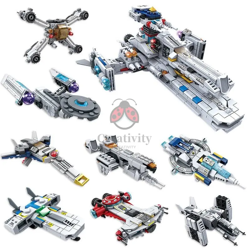 

KAZI Star Spaceship Space Battleship Aircraft Fighter Building Blocks War Spaceport City Construction 8IN1 Toys For Kid Gift