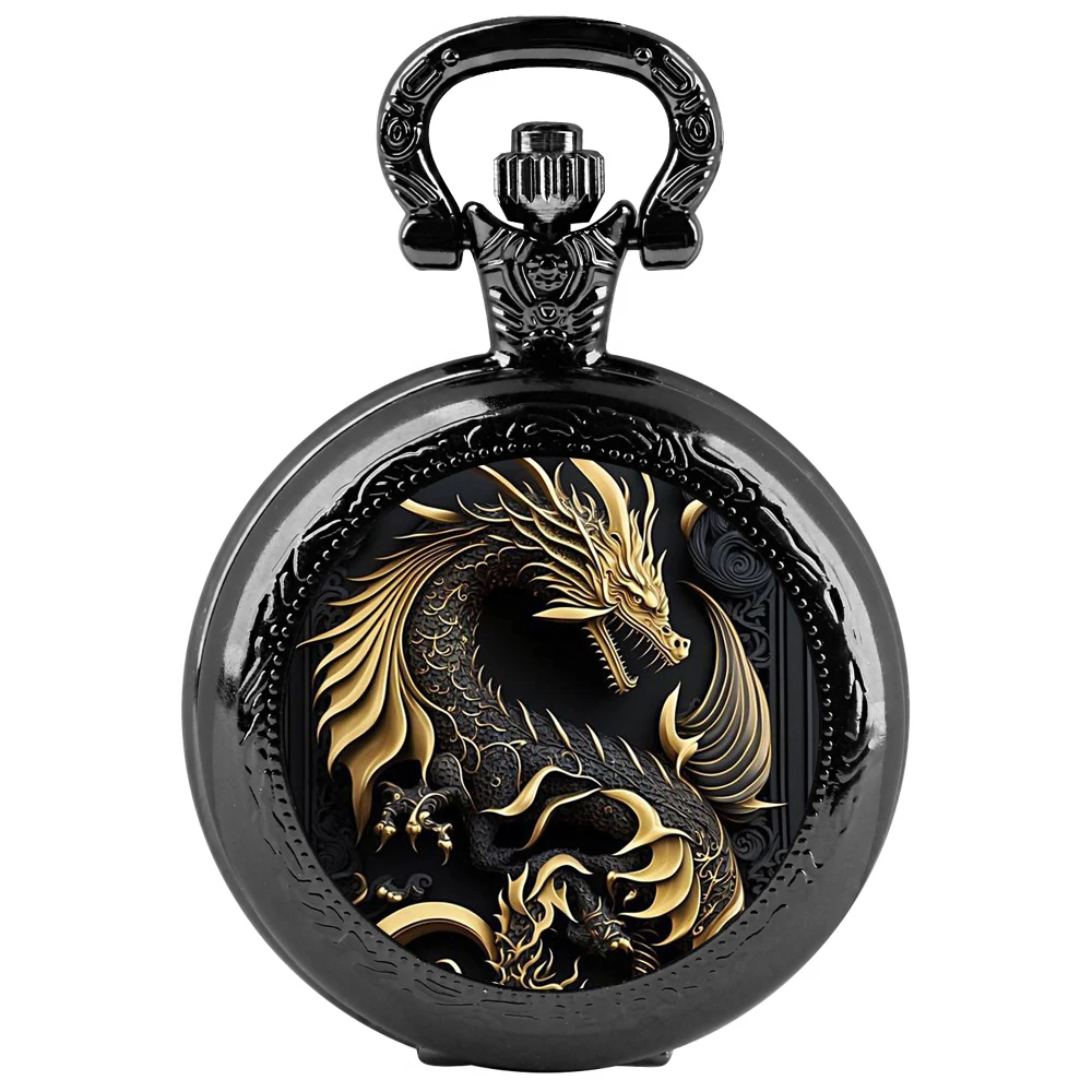 Dragon's Roar: Glass Dial Quartz Pocket Watch with Mythic Charm