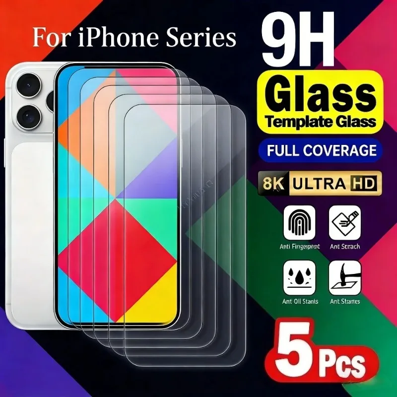 

5Pcs High Clear Tempered Glass for iPhone 17 16 15 14 Pro Max Air 15 16 Plus Screen Protector for iPhone 13 12 11 Pro XR XS Max