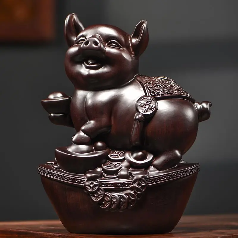 Rosewood Carved Lucky Pig Ornament Chinese Zodiac Three Harmony Animal Living Room Creative Red Wood Craft Gift