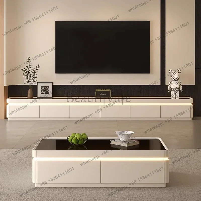 Tv Cabinet Modern Nordic Style Solid Wood Cream Paint Tv Stand Table Coffee Tables Living Room Furniture Glass Countertop