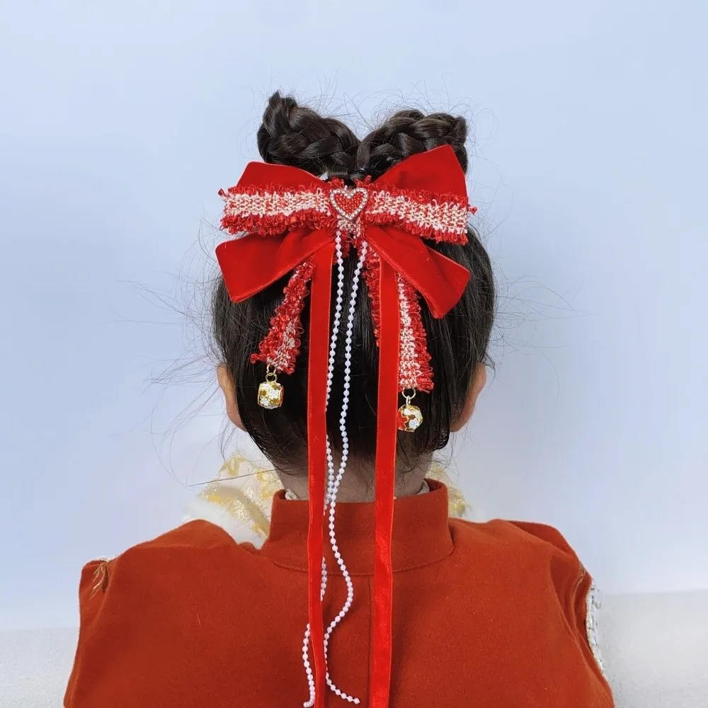 

Cute Red Bow Ribbon Hair Clip Ribbon New Year Hairpin Princess Tassel Hanfu Hair Ornamen Children's Headwear