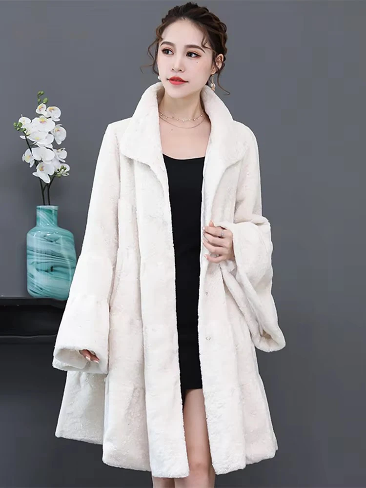 Mauroicardi Winter Pleated Warm Soft Fluffy Faux Fur Coat Women Stand Collar Flare Sleeve Elegant Chic Luxury Designer Clothes