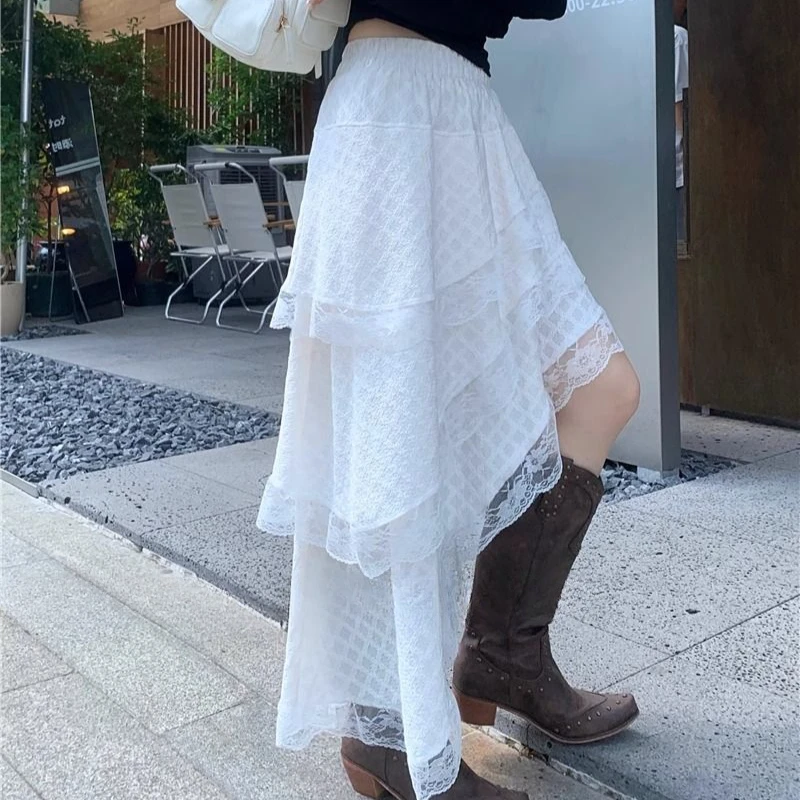 

Spring and Summer 2025 Women's Skirt with Irregular Hypotenuse Lace Flowers and High Waist Design Sense A-shaped Cake Dress