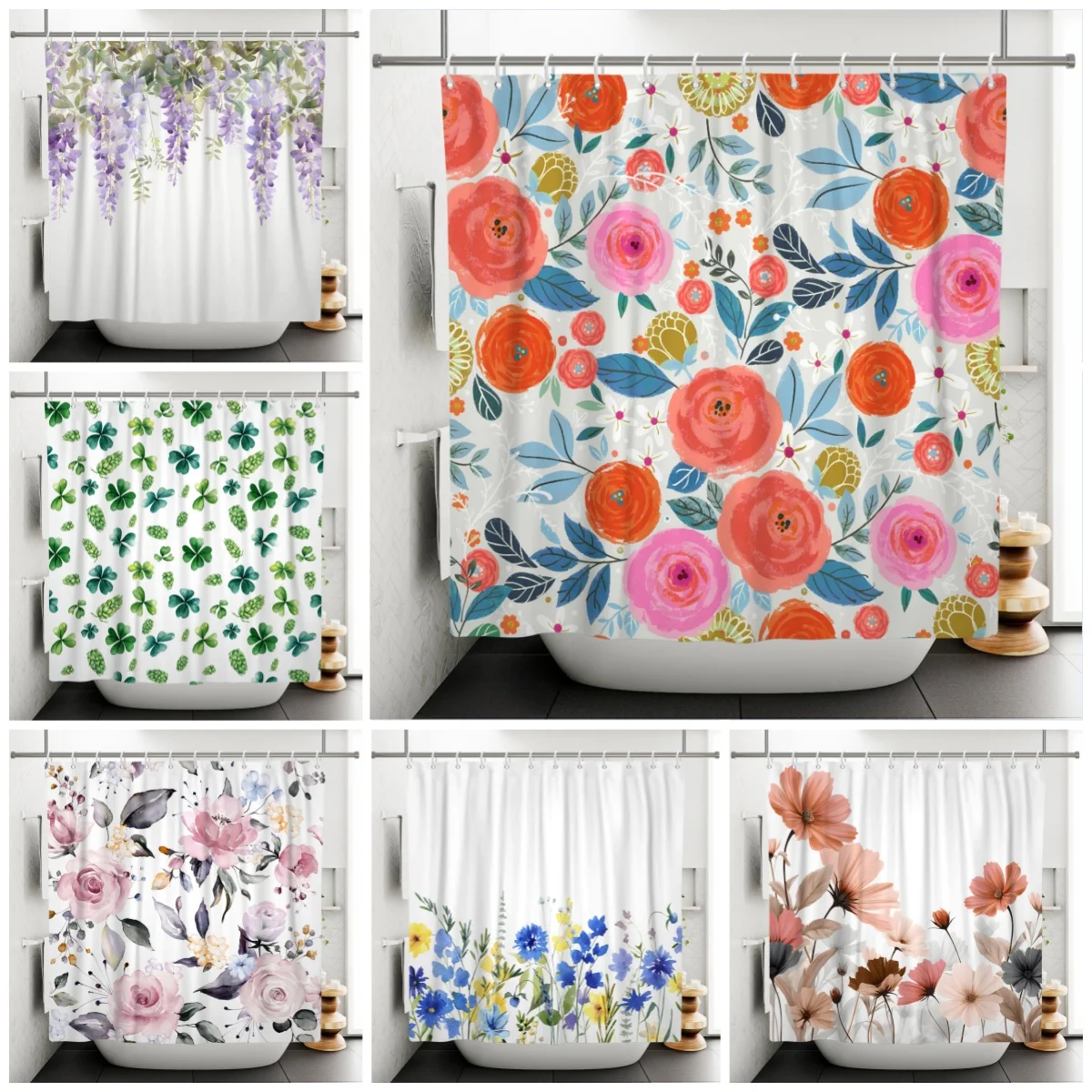 Modern Fresh Bathroom Shower Curtain Green Plants Colourful Flowers Bathroom Waterproof Curtain With Hooks Polyester Curtains