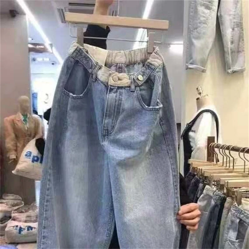 Vrouwen herfst hoge taille rechte casual losse denim broek trendy streetwear kleurblokkering zak elastische taille broek dames 5XL