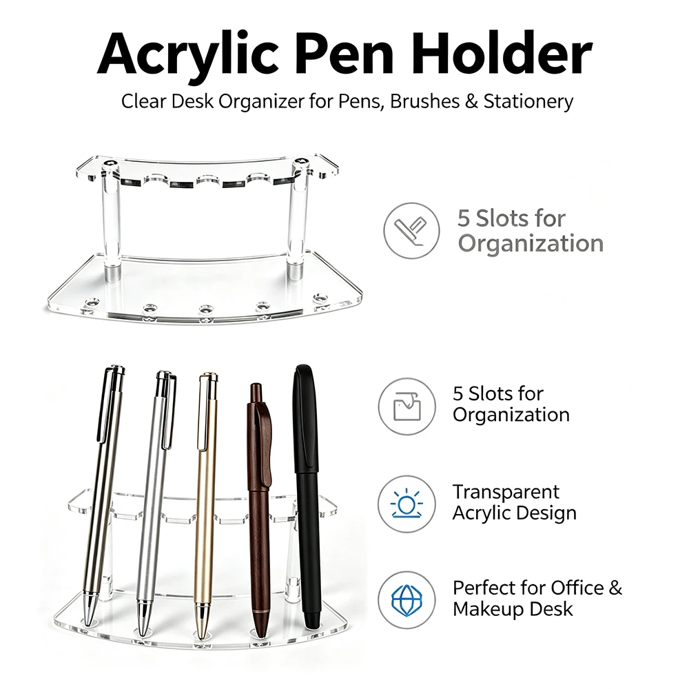 2‑Pack Acrylic 5‑Slot Pen Display Stand, Organizer for Pens & Makeup Brushes，Classroom Must Haves and Clesk Organizer